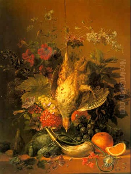 Still Life With Flowers, Fruit And Dead Game Oil Painting by Arnoldus Bloemers