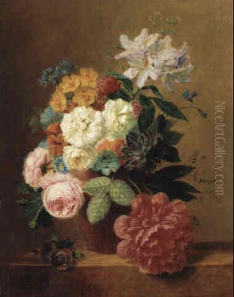 A Still Life With Roses And Other Flowers In A Vase On A Ledge Oil Painting by Arnoldus Bloemers