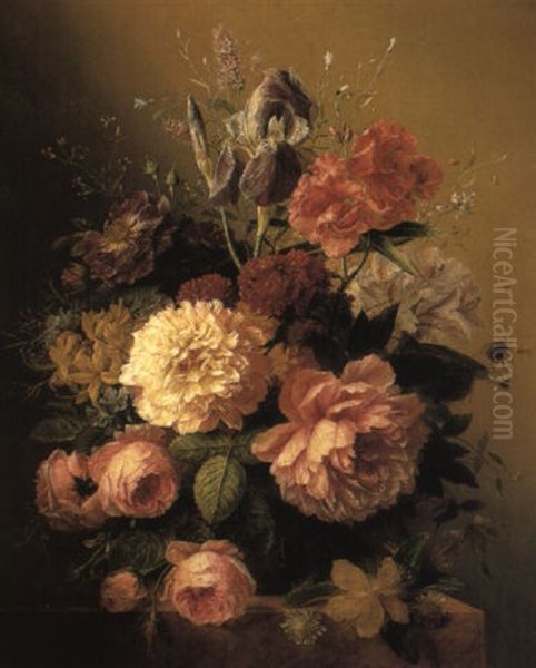 Roses, Peonies And Other Flowers In A Terracotta Vase On A Stone Ledge Oil Painting by Arnoldus Bloemers