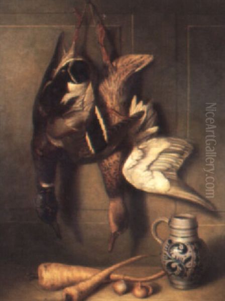 Still Life Of Dead Mallard In A Larder Oil Painting by Arnoldus Bloemers