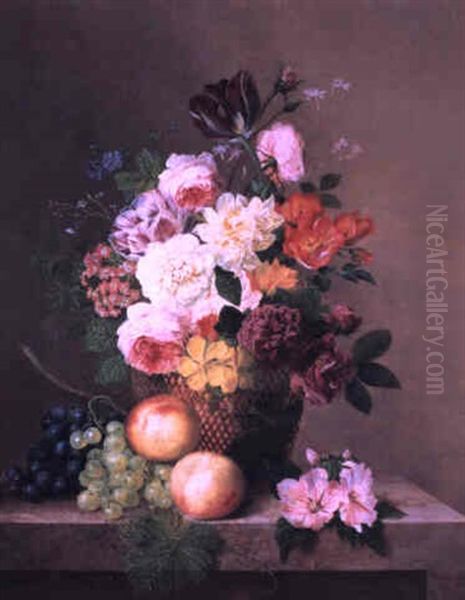 Nature Morte Avec Des Roses, Tulipes, Raisins, Et Peches Oil Painting by Arnoldus Bloemers