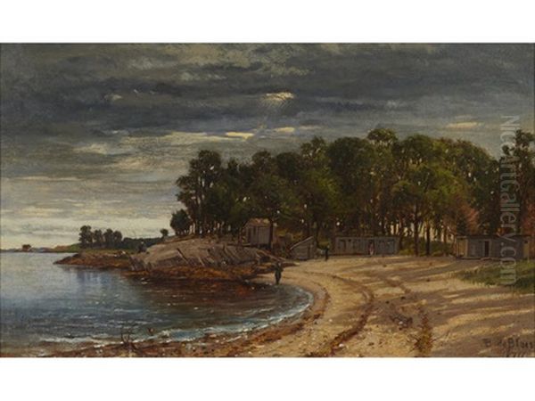 Fisher Folk Along A Beach With Shacks Beyond by Francois de Blois