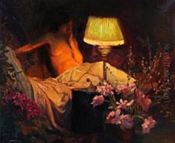 Interior With Sprawling Woman In Lamplight Oil Painting by Gerhard Lichtenberg Blom