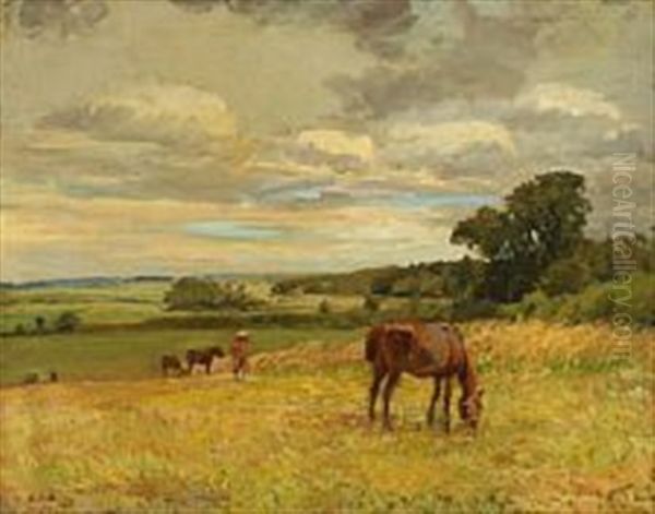 Heste Paa En Mark, Bjerreskov Oil Painting by Gerhard Lichtenberg Blom