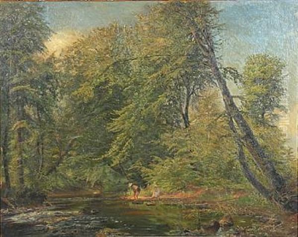 Forest Stream With Women At The Shore Oil Painting by Gerhard Lichtenberg Blom