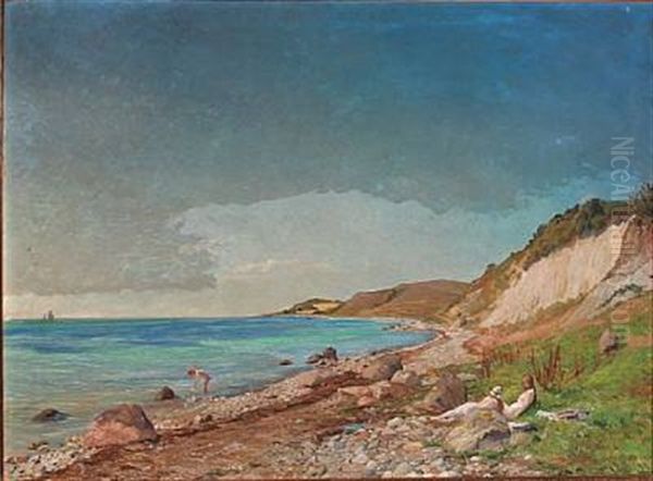 Coastal Scene With Bathing Boy And Girls On The Beach Oil Painting by Gerhard Lichtenberg Blom