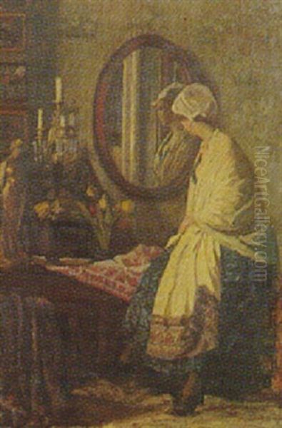 Interior Med Kvinde Ved Et Spejl Oil Painting by Gerhard Lichtenberg Blom