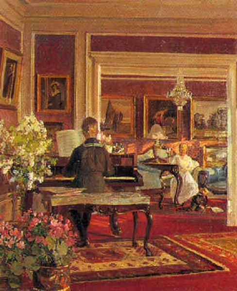 Interior Med Lille Dreng I Matrostoj Ved Klaveret Oil Painting by Gerhard Lichtenberg Blom