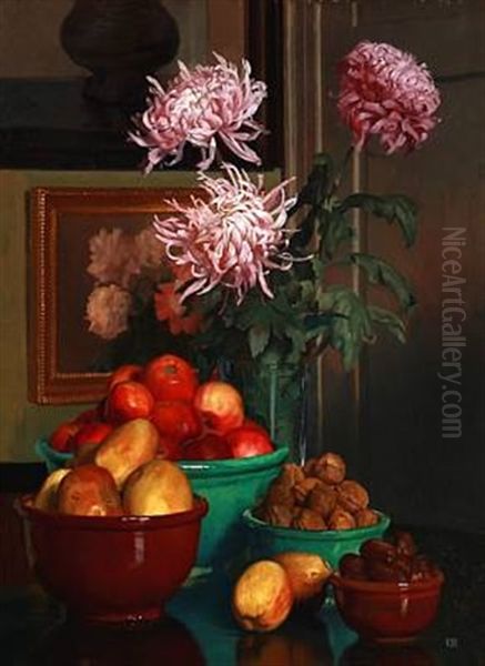 Still Life With Nuts, Fruit And Flowers In A Vase Oil Painting by Gustav Vilhelm Blom