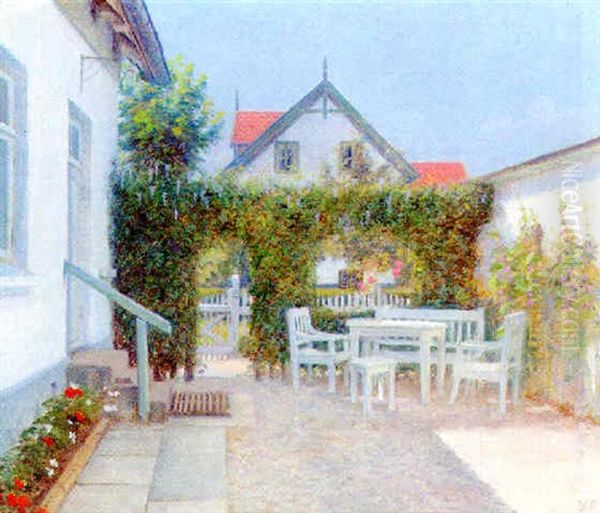 A Sunlit Courtyard Oil Painting by Gustav Vilhelm Blom