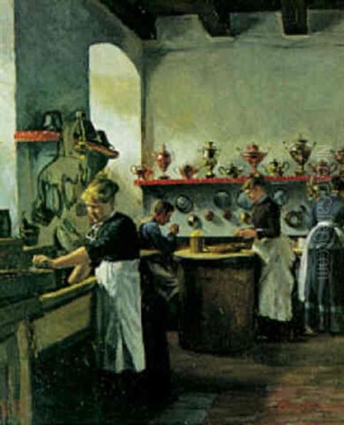 Ung Pige, Der Pudser Kobbertoj I Eremitageslottets Kokken Oil Painting by Gustav Vilhelm Blom