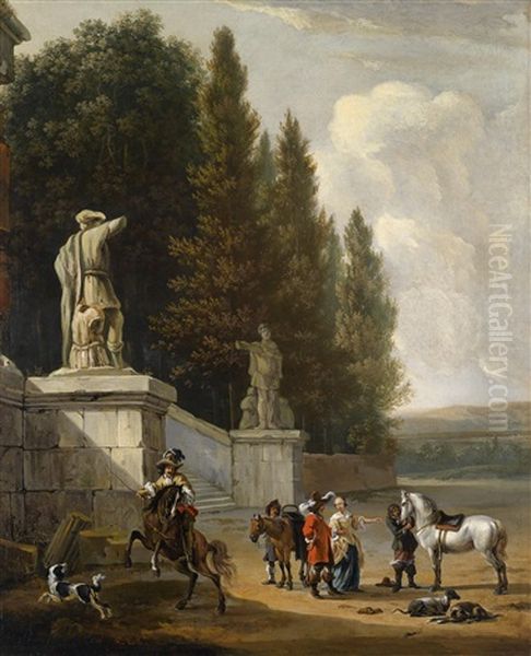 Ein Eleganter Park Mit Aufbrechender Jagdgesellschaft Oil Painting by Jan Blom