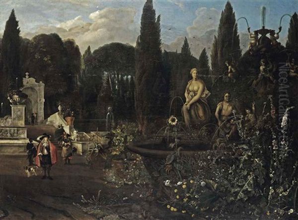 An Italianate Garden Landscape Oil Painting by Jan Blom