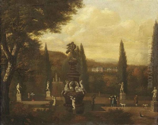 A Park Landscape With Elegant Figures Promenading Near A Sculpted Fountain, A Castle Beyond Oil Painting by Jan Blom