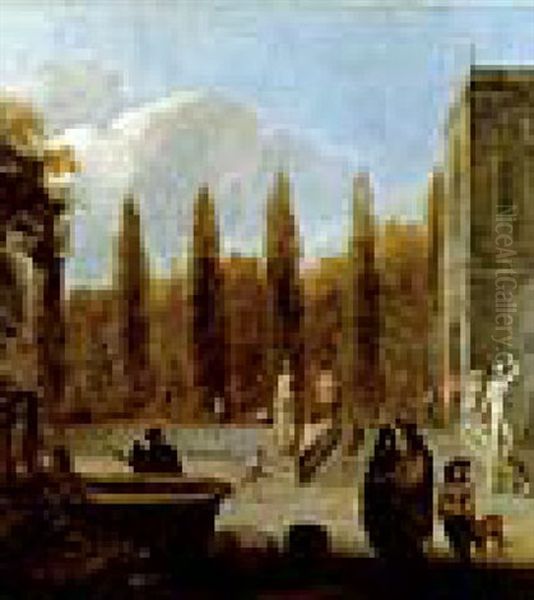 Ein Elegantes Paar Spaziert Durch Einen Mit Skulpturen Und Einem Brunnen Geschmuckten Schlosspark Oil Painting by Jan Blom