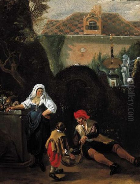 A Peasant Woman Offering Fruit To A Vagabond By The Gate Of A Country Mansion Oil Painting by Jan Blom