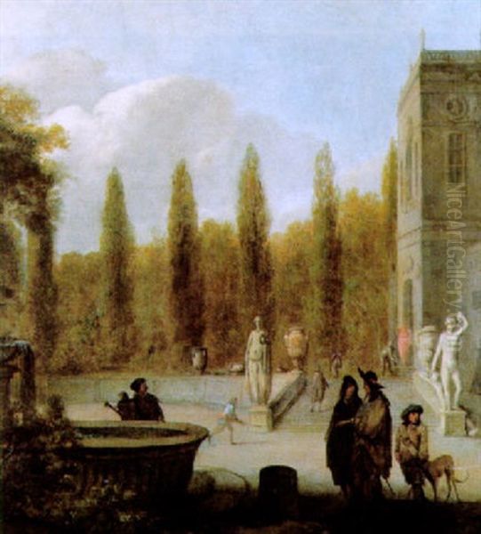 Ein Elegantes Paar Spaziert Durch Einen Mit Skulpturen Und Einem Brunnen Geschmuckten Schlospark Oil Painting by Jan Blom