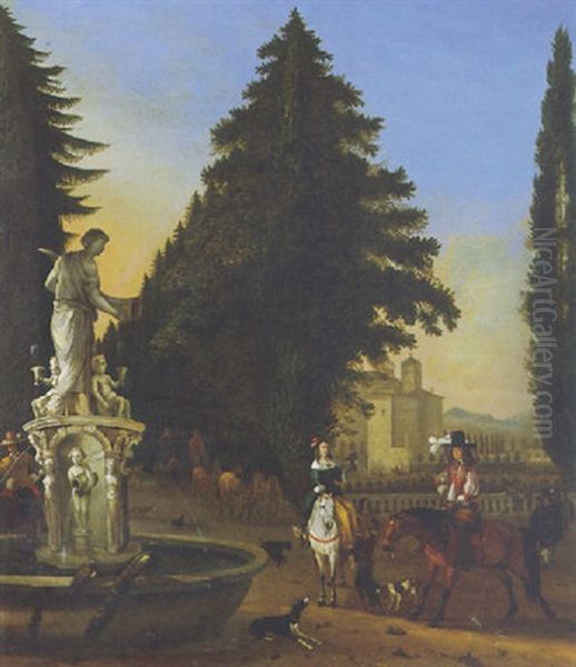 A Lady And A Gentleman On Horseback Near A Sculptured Fountain In A Park, A Castle Beyond Oil Painting by Jan Blom