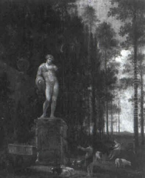 Shepherd And A Peasant Girl By The Capitoline Antinous In A Wood by Jan Blom