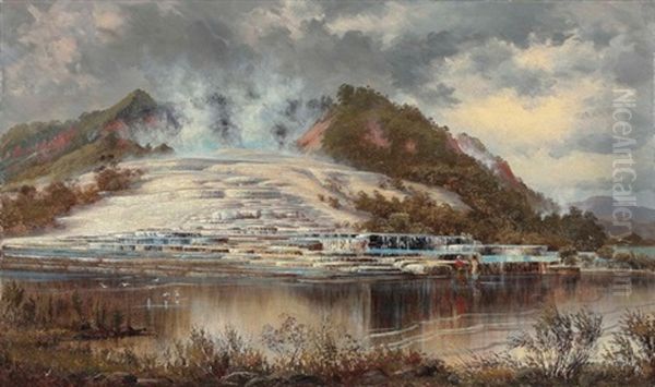 The White Terrace, Lake Rotomahana, New Zealand Oil Painting by Charles Blomfield