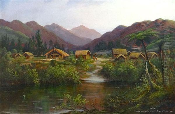 Maori Settlement, East Coast Oil Painting by Charles Blomfield