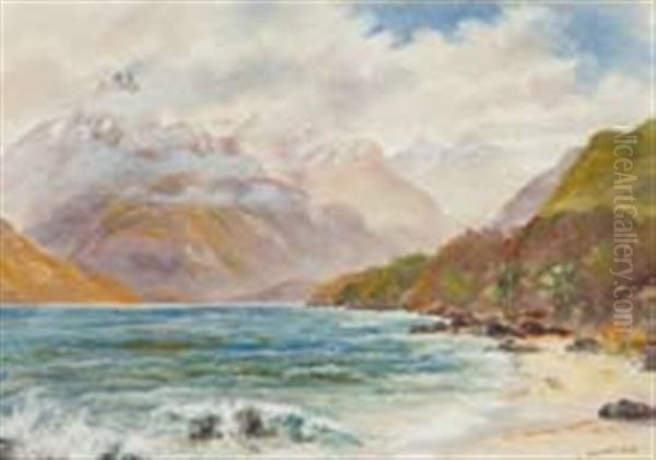 A Breezy Day, Lake Wakatipu, Cecil & Walter Peaks From One Mile Beach Oil Painting by Charles Blomfield