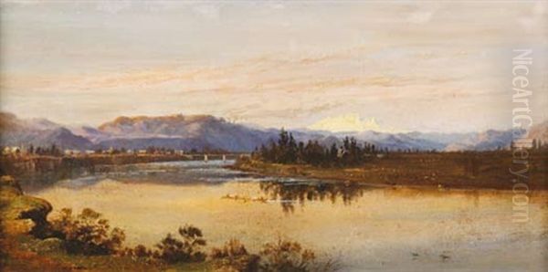 Wanganui River And Town With Ruapehu In Background Oil Painting by Charles Blomfield