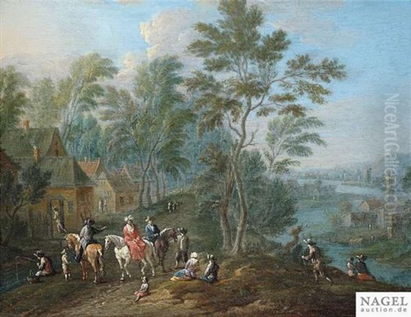 Weite Flusslandschaft Mit Reisenden Und Bauern Auf Einem Fahrweg Oil Painting by Maximilian Blommaerdt