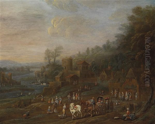 Eine Weite Flusslandschaft Mit Reisenden Auf Einem Pfad, Im Hintergrund Ein Befestigtes Anwesen Oil Painting by Maximilian Blommaerdt