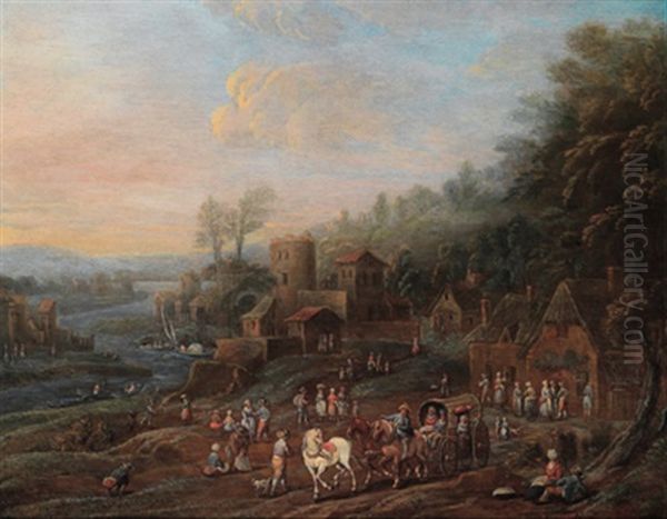 Eine Weite Flusslandschaft Mit Reisenden Auf Einem Pfad, Im Hintergrund Ein Befestigtes Anwesen Oil Painting by Maximilian Blommaerdt