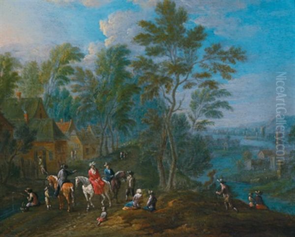 Eine Flusslandschaft Mit Eleganten Reitern Vor Einem Gehoft Oil Painting by Maximilian Blommaerdt