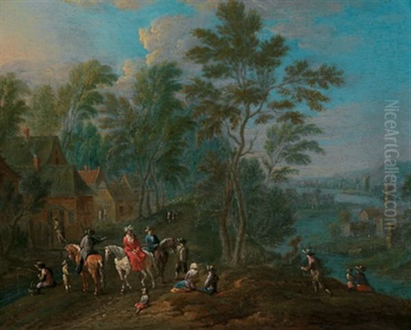 Eine Flusslandschaft Mit Eleganten Reitern Vor Einem Gehoft Oil Painting by Maximilian Blommaerdt