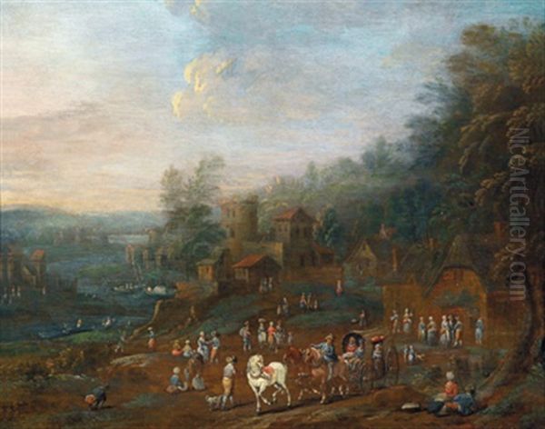 Weite Flusslandschaft Mit Reisenden Auf Einem Pfad Mit Einem Befestigten Anwesen Im Hintergrund Oil Painting by Maximilian Blommaerdt