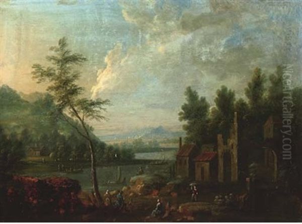 A River Landscape With Figures Resting By A Hamlet Oil Painting by Maximilian Blommaerdt