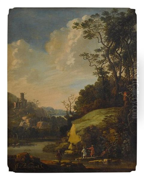 Hilly Landscape With Figures By A River Oil Painting by Abraham Blommaert