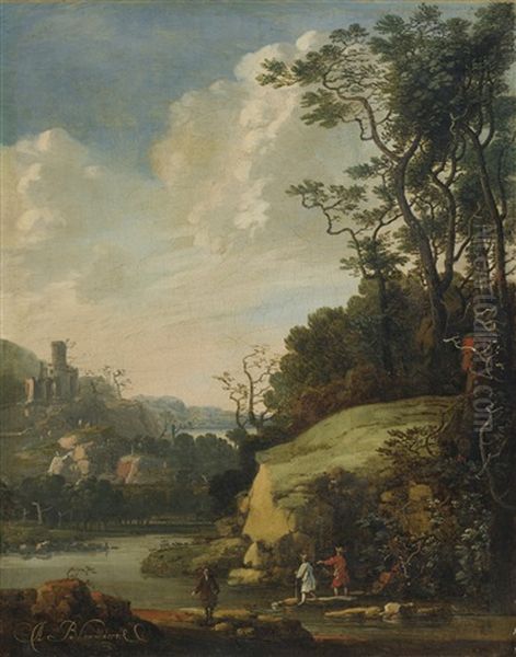 Hilly Landscape With Figures By A River Oil Painting by Abraham Blommaert