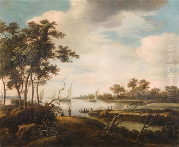 Flusslandschaft Mit Segelschiffen Und Figuren Oil Painting by Abraham Blommaert