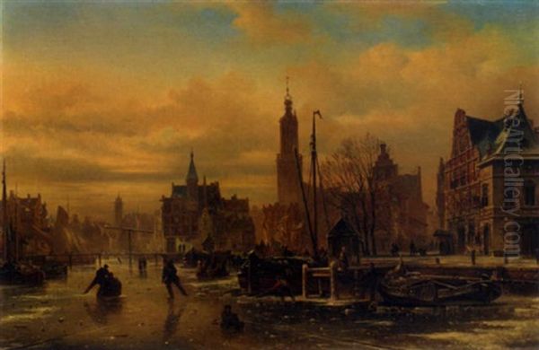 Skaters On A Frozen Canal by Elias von Blommel