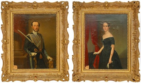 Portratt Forestallande Grevparet Claes M. Lewenhaupt (+ Portratt Av Sofia Lewenhaupt F. Bergenstrahle; Pair) Oil Painting by Niels Johan Blommer