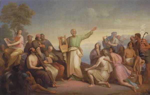 Klassisk Sceneri Med Homer, Der Reciterer For En Lyttende Skare, Medens En Ung Pige Nedskriver Hans Ord Oil Painting by Niels Johan Blommer