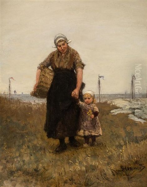 Mother And Child By The Seaside Oil Painting by Bernardus Johannes Blommers