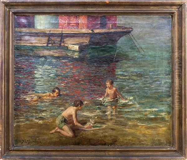 Children Swimming Oil Painting by Bernardus Johannes Blommers