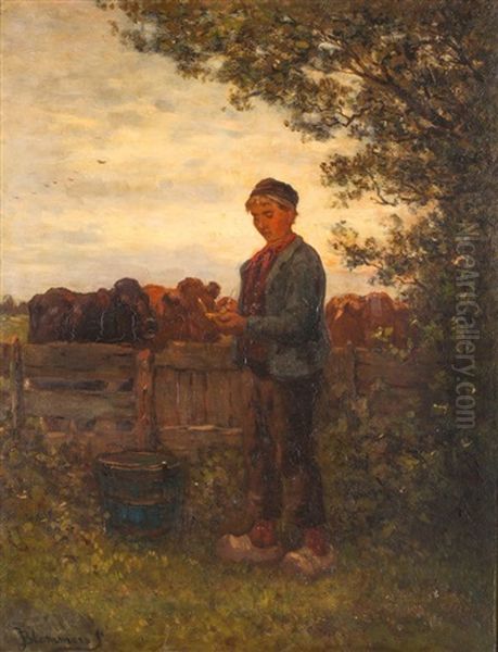 Portrait Of A Boy With Cattle Oil Painting by Bernardus Johannes Blommers