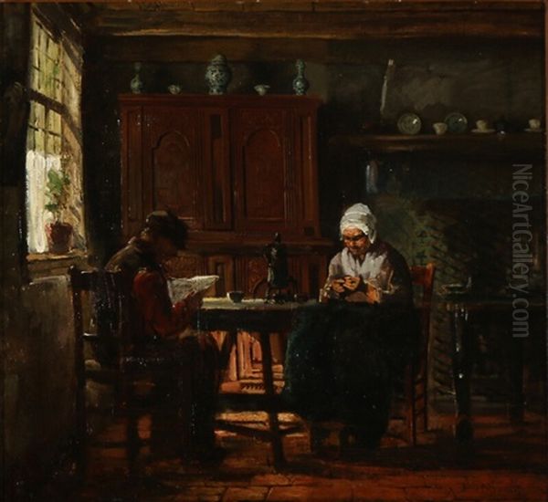 Dutch Interior With Reading And Sewing Oil Painting by Bernardus Johannes Blommers