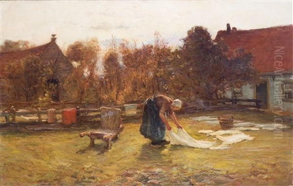 Bleaching Linnen On A Field Oil Painting by Bernardus Johannes Blommers