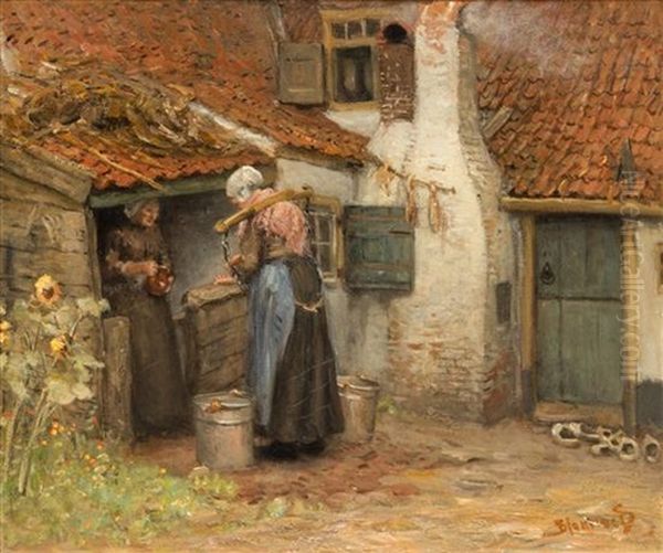 Village Scene Oil Painting by Bernardus Johannes Blommers