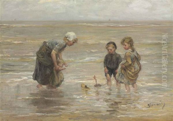 Playtime On The Beach Oil Painting by Bernardus Johannes Blommers