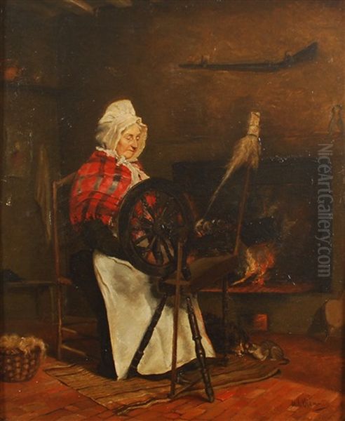 Femme Au Rouet Dans Un Interieur Oil Painting by Bernardus Johannes Blommers