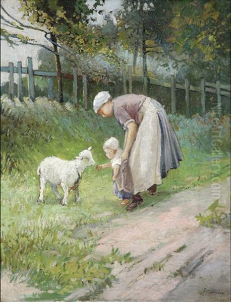 Enfant Et Paysanne Sur Chemin Champetre Oil Painting by Bernardus Johannes Blommers