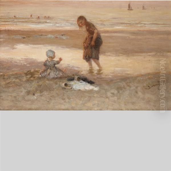 Children On The Beach Oil Painting by Bernardus Johannes Blommers